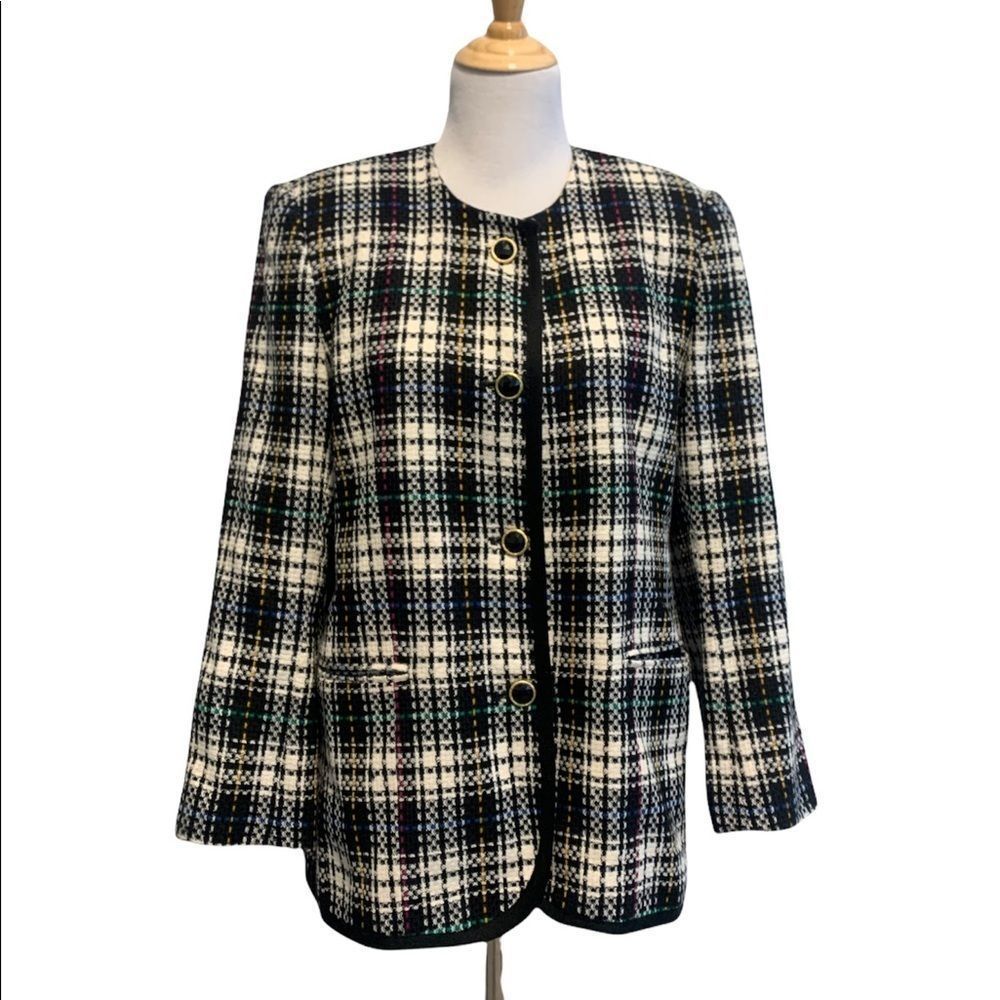 Black, White & Multi Colour Tweed Jacket With Shoulder Pads